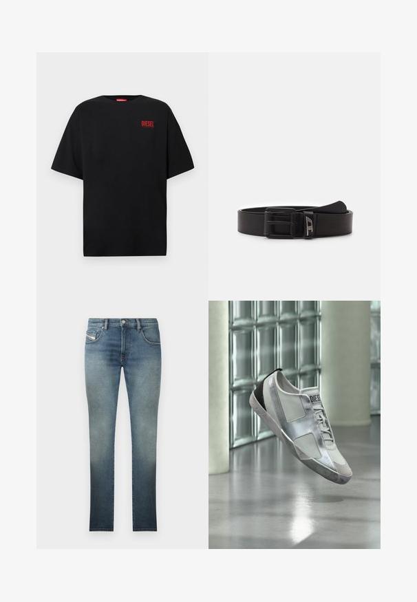 Camiseta negra de algodón, con mangas cortas, cuello redondo y un logo rojo de "DIESEL" en la zona izquierda del pecho.; Jeans ajustados en un lavado azul desgastado, con un diseño de cinco bolsillos, cierre de botón metálico y costuras en contraste. Textura ligeramente desgastada.; Zapatilla blanca y plateada de la marca Diesel flotando sobre un suelo reflectante con pared de bloques de vidrio y columnas al fondo.; Diesel DAVE - Cinturón - t8013