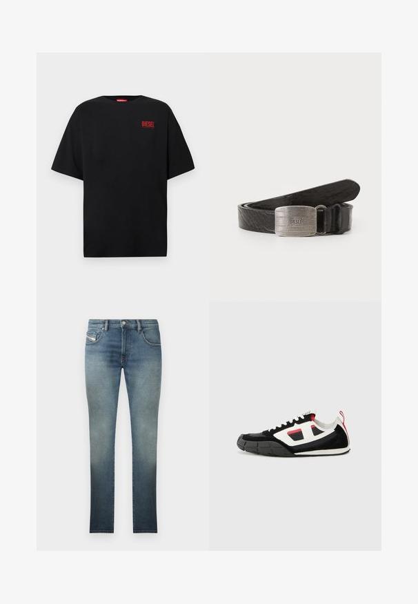 Zwart T-shirt van katoen met korte mouwen, een ronde hals en een rood "DIESEL"-logo op de linkerborst.; Slim-fit jeans in een vervaagde blauwe wassing, met een vijf-pocket ontwerp, metalen knoopsluiting en contrasterende stiksels. Licht verouderde textuur.; Diesel S PAGODHA LOW - Sneakers laag - black; Zwarte leren riem met een gestructureerde afwerking, voorzien van een rechthoekige zilverkleurige gesp met ingekrast merkniveau. Gladde randen, klassieke uitstraling.