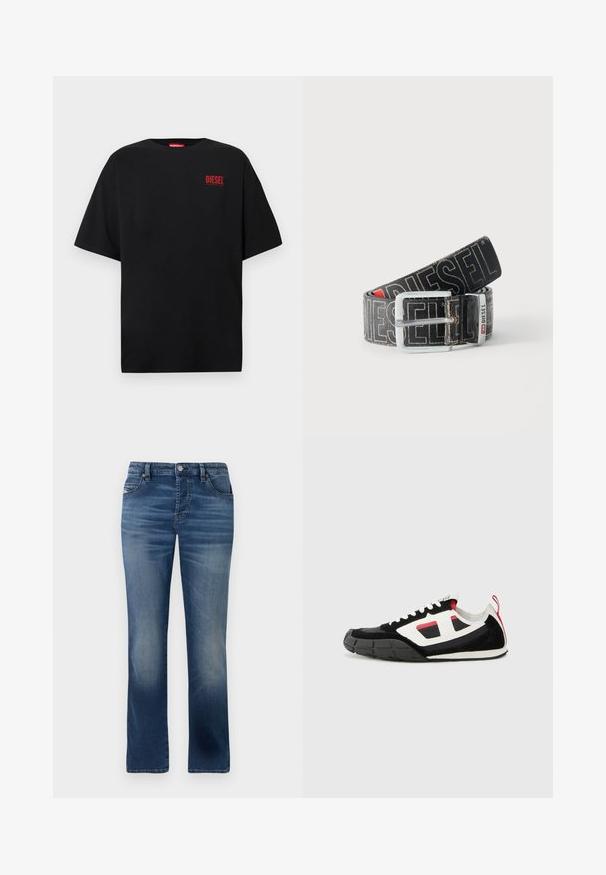 Schwarzes T-Shirt aus Baumwolle, mit kurzen Ärmeln, rundem Ausschnitt und einem roten "DIESEL"-Logo auf der linken Brustseite.; Dunkelblaue Jeans aus Denim mit geradem Bein, ausgestattet mit Fronttaschen, dezentem Verblassen und einem klassischen Knopfverschluss an der Taille.; Diesel S PAGODHA LOW - Sneaker low - black; Schwarzer Diesel-Gürtel mit großem weißen Logotext, rechteckiger silberner Schnalle und gebrandetem Metallschlaufen-Detail, aufgewickelt auf hellem Hintergrund.
