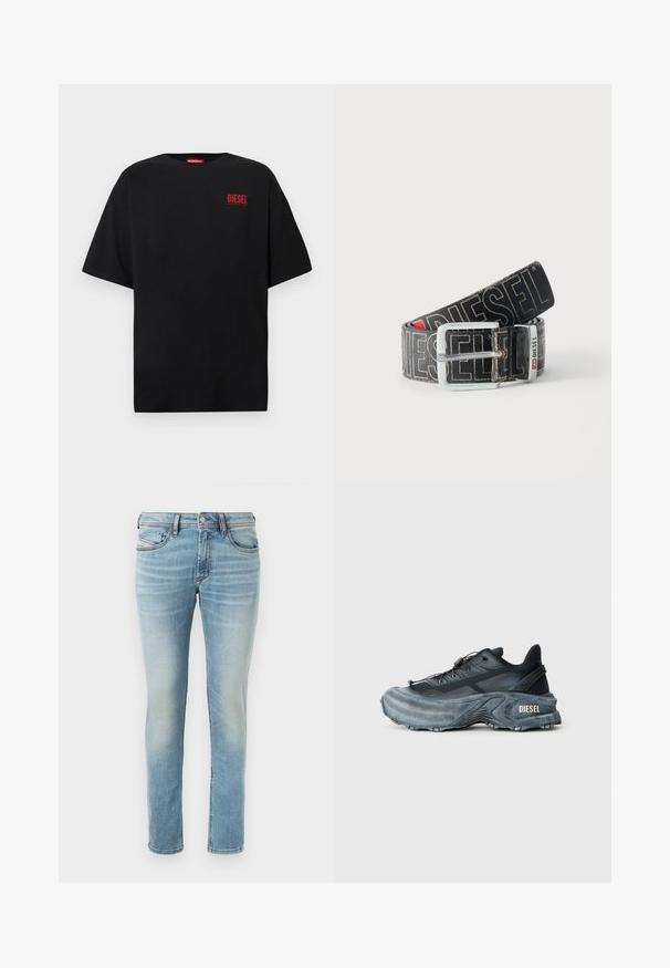 Schwarzes T-Shirt aus Baumwolle, mit kurzen Ärmeln, rundem Ausschnitt und einem roten "DIESEL"-Logo auf der linken Brustseite.; Hellblaue Denim-Jeans mit tailliertem Schnitt, fünf Taschen, subtilen Auswaschungen, mit Knopfverschluss und Gürtelschlaufen.; Schwarz- und graue Diesel-Sneaker mit dicker Sohle, Schnürverschluss und strukturiertem Design auf einem schlichten hellgrauen Hintergrund.; Schwarzer Diesel-Gürtel mit großem weißen Logotext, rechteckiger silberner Schnalle und gebrandetem Metallschlaufen-Detail, aufgewickelt auf hellem Hintergrund.