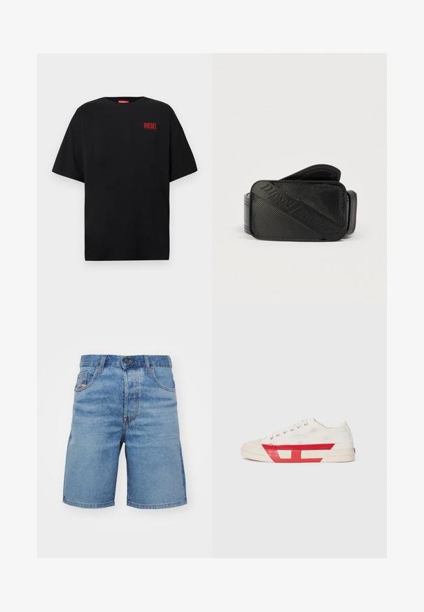 Camiseta negra de algodón, con mangas cortas, cuello redondo y un logo rojo de "DIESEL" en la zona izquierda del pecho.; Pantalones cortos de mezclilla azul claro con un corte clásico, ligero desvanecimiento, diseño de cinco bolsillos y costuras tono cobre. Presentan un cierre frontal con botón.; Zapatilla de lona con parte superior blanca, acentos de goma roja y un diseño texturizado. Presenta una puntera redonda y cinco ojetes para los cordones.; Cinturón negro con un diseño texturizado y un logotipo en relieve prominente. El material parece suave con un acabado similar al cuero.