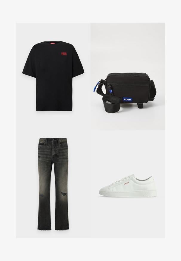 Zwart T-shirt van katoen met korte mouwen, een ronde hals en een rood "DIESEL"-logo op de linkerborst.; Zwarte denim flared jeans met een vervaagde afwerking, zichtbare slijtage en een uitgerafelde zoom. Heeft een klassieke stijl met vijf zakken en metalen knoopsluiting.; Witte lage sneaker met veterontwerp en rood "HUGO" logo aan de zijkant tegen een effen witte achtergrond.; Zwarte stoffen schoudertas met ritsluiting, blauwe logo patch, verstelbare schouderband en gestructureerd oppervlak. Compact rechthoekig ontwerp.