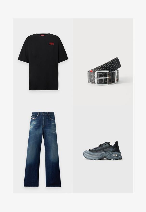 Sort T-shirt lavet af bomuld, med korte ærmer, rund halsudskæring og en rød "DIESEL"-logo på venstre brystområde.; Bredde denim jeans i mørkeblå med slidte områder, distressed detaljer og flossede kanter. Fire lommer og knaplukning.; Sort og grå Diesel sneakers med tyk sål, snørrebåndslukning og tekstureret design på en ensfarvet lysegrå baggrund.; Sort Diesel-bælte med stor hvid logo tekst, rektangulært sølvspænde og brandet metal-loop detalje, rullet sammen på en lys baggrund.