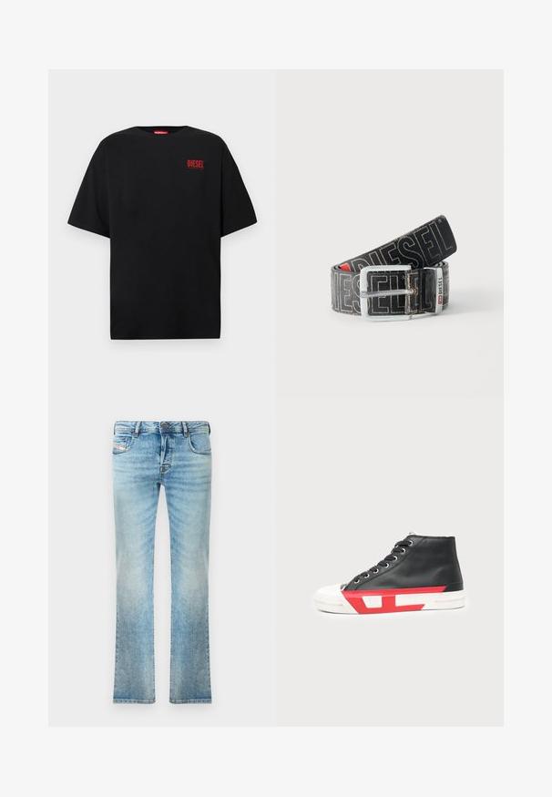 Schwarzes T-Shirt aus Baumwolle, mit kurzen Ärmeln, rundem Ausschnitt und einem roten "DIESEL"-Logo auf der linken Brustseite.; Helleblaue Denim-Jeans mit geradem Schnitt, Fünf-Taschen-Design und leichter Ausbleichung. Mit metallischem Knopf und Reißverschlussverschluss.; Schwarzer High-Top-Sneaker mit weißer Gummispitze und Sohle, mit roten geometrischen Akzenten entlang der Sohle.; Schwarzer Diesel-Gürtel mit großem weißen Logotext, rechteckiger silberner Schnalle und gebrandetem Metallschlaufen-Detail, aufgewickelt auf hellem Hintergrund.