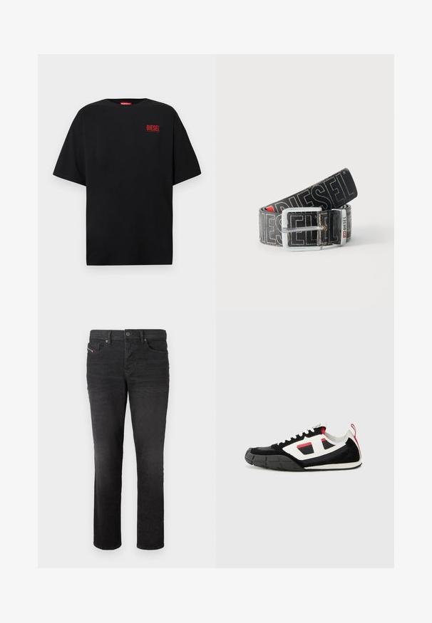 T-shirt noir en coton, avec des manches courtes, un col rond, et un logo rouge "DIESEL" sur le côté gauche de la poitrine.; Jean en denim noir avec une coupe droite, comportant cinq poches, une fermeture à bouton et des détails de coutures subtiles à l'avant.; Diesel S PAGODHA LOW - Baskets basses - black; Ceinture noire Diesel avec grand texte logo blanc, boucle rectangulaire en argent, et détail de boucle métallique brandée, enroulée sur un fond clair.