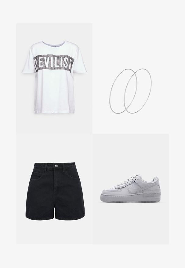 Noisy May NMDEVIL - T-shirts print - bright white/devils; Sorte denimshorts med høj talje, frontknap, bæltestropper og to forlommer på en ensfarvet hvid baggrund.; Grå Nike Air Force 1 sneakers med perforeret tå, glat læderoverdel, tyk sål og præget 'AIR' detalje på hælen.; Sølvøreringe med et minimalistisk design. Cirkulær form, glat tekstur og tynd profil. Letvægtige med en poleret overflade.