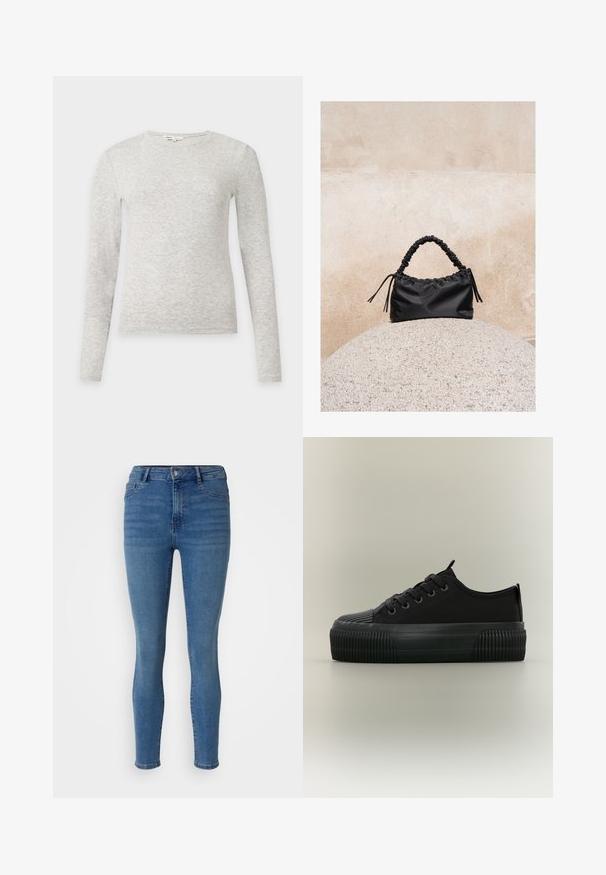 Jersey de punto gris claro, de manga larga y cuello redondo, con un ajuste ceñido sobre un fondo claro y liso.; Jeans ajustados en denim azul medio, con cierre de botón delantero, passantes para cinturón y estilo de cinco bolsillos con una textura suave.; Zapatilla negra de plataforma con suela gruesa acanalada, cordones en la parte delantera y tiradores en la lengüeta y el talón, mostrada de lado sobre un fondo neutro.; Bolso negro fruncido con asa recogida, apoyado sobre una esfera de piedra texturizada frente a una pared de hormigón beige.