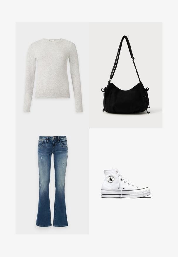 Lysegrå, langærmet, strikket sweater med rund hals og tætsiddende pasform på en ensfarvet lys baggrund.; Denim jeans med flair i mellemblå med udskudte områder og slidte detaljer. Har fem lommer og lynlås med knaplukning.; Hvid højtop Converse Chuck Taylor All Star-sneaker med sort logo-patch og hvide snørebånd, vist på hvid baggrund.; Sort kordfløjls skuldertaske med en buet form, justerbar strop og snorelukninger på begge sider til størrelsejustering.