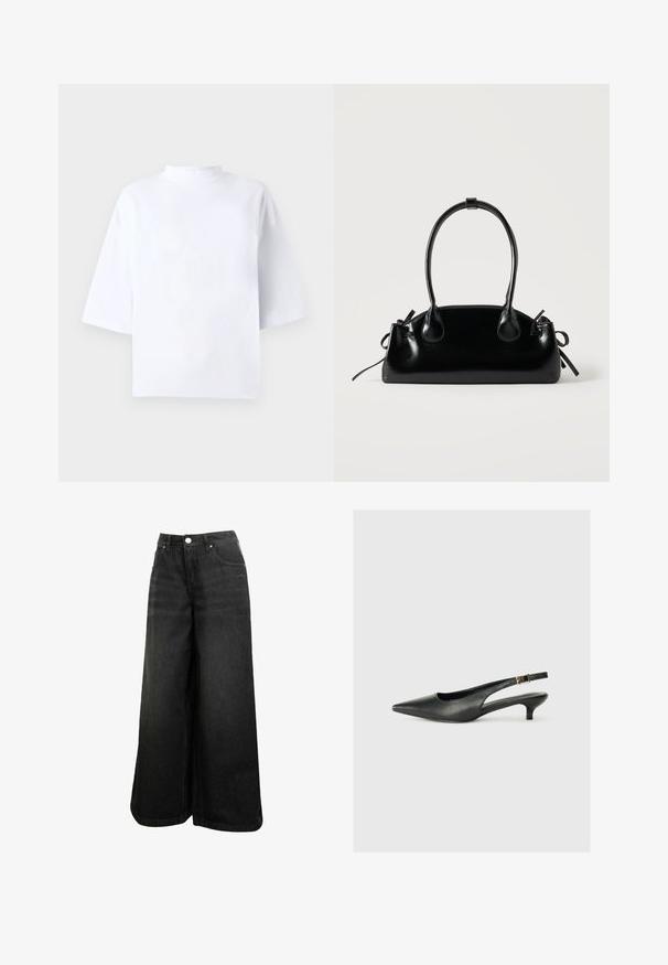 Weißes Baumwoll-T-Shirt mit kurzen Ärmeln, hohem, rundem Ausschnitt und lockerem Sitz. Glatte Textur, ohne sichtbare Muster oder Akzente.; Schwarze weit geschnittene Jeans mit hoher Taille, Frontknopf, Taschen und dezentem Logo auf der Vorder-Tasche.; Schwarzer Slingback-Schuh mit spitzem Zehenbereich aus glattem Leder. Mit einem dünnen Absatz und einer dekorativen Schnalle am verstellbaren Riemen.; Kleine schwarze glänzende Handtasche mit zwei langen Griffen und seitlichen Kordelzug-Details vor einfachem hellem Hintergrund.