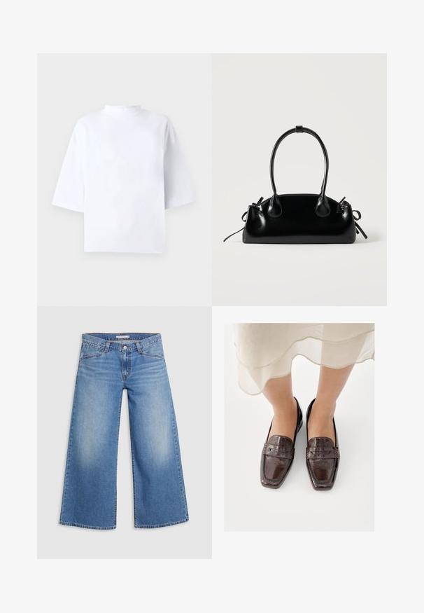 Hvid bomulds t-shirt med korte ærmer, høj, rund hals og løs pasform. Glat tekstur uden synlige mønstre eller detaljer.; Lysblå vidde jeans lavet af denim, med høj talje, klassisk fem-lomme design og subtile falmning langs benene.; Brune læderloafer med en blank finish, der har en firkantet tå, synlige sømme og en lav, flad hæl.; Lille sort blank håndtaske med to lange håndtag og snøre-detaljer i siden på en ensfarvet lys baggrund.