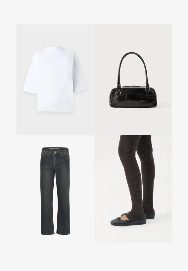Top blanco de algodón de manga corta con escote alto y redondeado y ajuste holgado. Textura suave, sin patrones ni detalles visibles.; Jeans de pierna recta en azul oscuro, hechos de tela de mezclilla, con una cintura de altura media, diseño de cinco bolsillos y costuras sutiles a lo largo de las costuras.; Piernas con leggings oscuros acanalados combinados con bailarinas negras que presentan pequeños detalles de lazo sobre un fondo blanco.; Bolso de mano de cuero negro con forma rectangular, equipado con un asa estructurada, herrajes en plata y cierre de cremallera. Textura suave.