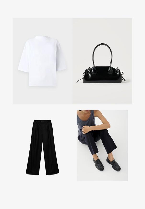 Top blanco de algodón de manga corta con escote alto y redondeado y ajuste holgado. Textura suave, sin patrones ni detalles visibles.; Pantalones anchos negros con pliegues delanteros y bolsillos laterales, de talle alto con cinturilla lisa y cierre oculto.; Mocasines de cuero negro con detalles texturizados, tacón bajo, puntera redonda y costuras visibles. Modelo vistiendo pantalones oscuros y una blusa gris.; Pequeño bolso negro brillante con dos asas largas y detalles de cordón lateral sobre un fondo claro liso.