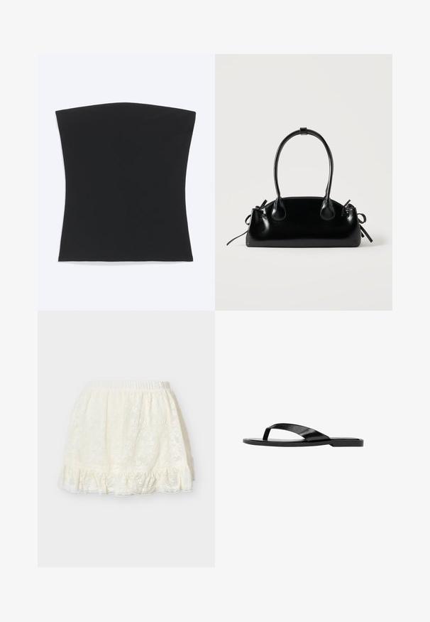 Haut tube noir sans bretelles avec un ourlet droit, présenté à plat sur un fond blanc.; Demi-jupon en dentelle couleur crème avec taille élastique et ourlet à volants, conçu pour être porté sous des jupes ou des robes.; Sandale plate noire avec une large bride brillante sur les orteils et une semelle simple, vue de côté sur fond blanc.; Petit sac à main noir brillant avec deux longues anses et des détails à cordon sur les côtés sur un fond clair uni.