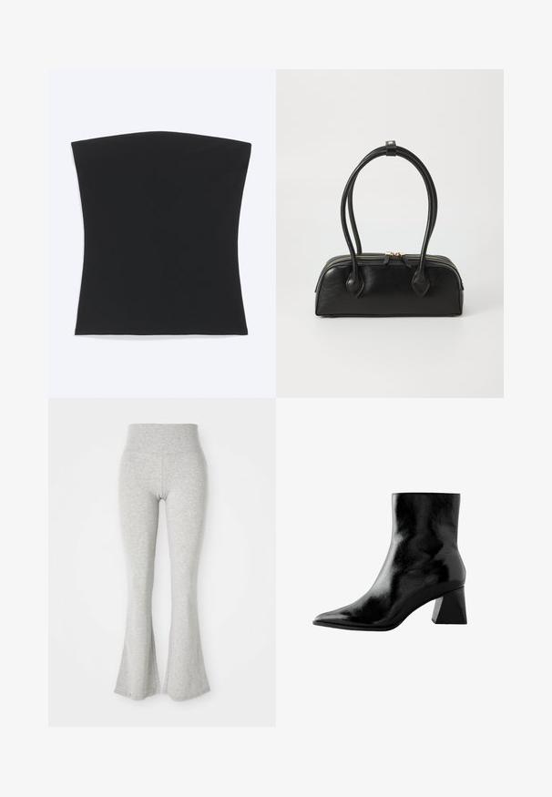 Zwart bandeautopje met rechte zoom, plat liggend tegen een witte achtergrond weergegeven.; Grijze uitlopende leggings van zacht materiaal, voorzien van een elastische tailleband en een gladde textuur, die uitlopen naar een flared afwerking aan de onderkant.; Zwarte enkelboot met een glanzende afwerking, spitse neus en een chunky vierkante hak. Gladde textuur met een strakke, minimalistische uitstraling.; Zwarte leren handtas met twee verlengde handvatten, ritsluiting en ronde vorm; gladde textuur met subtiele glanzende afwerking.