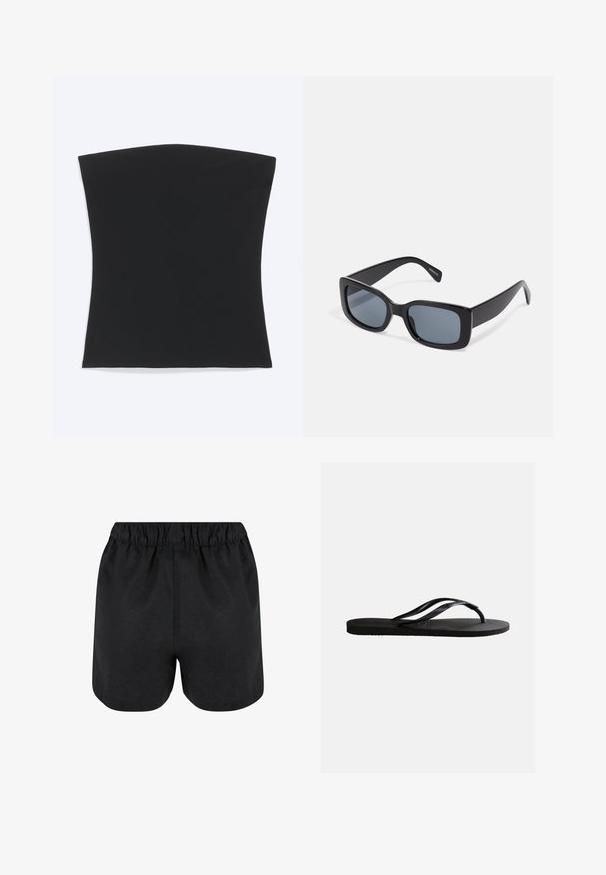 Sort stropløs tube top med lige kant, vist fladt mod en hvid baggrund.; Sorte shorts med elastisk talje. Blødt stof, enkelt design og let afrundet kant nederst. Ingen synlige mønstre eller logoer.; Sort gummiflip-flop sandal med tekstureret fodseng og tynde Y-formede remme på en ensartet hvid baggrund.; Sorte rektangulære solbriller med mørkt tonede linser, tyk plastramme og brede stænger. Glat overflade og kantet design.
