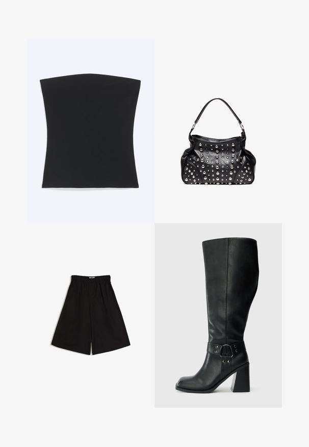 Haut tube noir sans bretelles avec un ourlet droit, présenté à plat sur un fond blanc.; Short noir à jambes larges avec une taille élastique et des poches latérales, présenté à plat sur un fond blanc.; Bottes en cuir noires arrivant au genou, avec un bout carré, un large talon et une sangle décorative avec des accents métalliques autour de la cheville. Texture lisse.; Sac à main en cuir noir avec une poignée unique, décoré de multiples clous en argent de différentes tailles sur la surface avant.