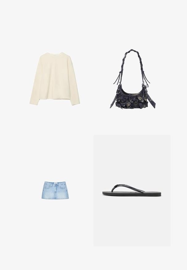 Stradivarius BASIC ROUND NECK - Langærmet T-shirt - white; Lysblå denimminiskørt med lige snit, fem lomme, og frontknaplukning med bæltestropper. Glat tekstur.; Sort gummiflipsandal med tekstureret sål og Y-formet rem, vist fra siden på en hvid baggrund.; Fløjlshåndtaske i mørkeblå med en tekstureret overflade, der har flere stofsløjfer, flettet strop og metalhardware-accenter.