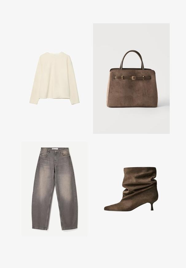 Stradivarius BASIC ROUND NECK - Top s dlhým rukávom - white; Sivé nohavice s širokými nohavicami vyrobené z denimu, s jemným zosvetlením, päť vreckovým dizajnom, pútkami na opasok a zapínaním na gombík v páse.; Hnedá členková čižma z semišu s bohato prehýbaným dizajnom, špicatou špičkou a tenkým opätkom. Textúra je mäkká, bez viditeľných kovových prvkov alebo ozdôb.; Hnedá semišová kabelka s dvoma rúčkami a dekoratívnym koženým remienkom so zlatou prackou vpredu, na jednoduchom pozadí.