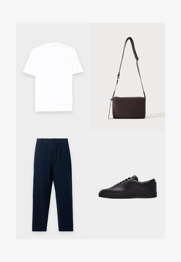 T-shirt en coton blanc avec un col rond, des manches courtes et une coupe décontractée. Texture lisse, détails minimaux, sans motifs ni graphiques.; CLOSED BLOMBERG - Jean baggy - dark blue; Baskets basses en cuir noir avec lacets sur le devant et semelle en caoutchouc plate, vues de côté sur un fond blanc uni.; Sac bandoulière en cuir marron foncé texturé avec une sangle réglable et un petit accent décoratif bleu sur le côté.