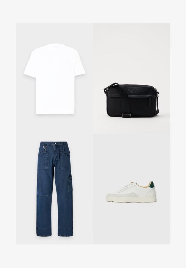 Weißes Baumwoll-T-Shirt mit Rundhalsausschnitt, kurzen Ärmeln und lässiger Passform. Glatte Textur, minimale Details und ohne Muster oder Grafiken.; Dunkelblaue Denim-Cargo-Hosen mit geradem Schnitt, ausgestattet mit mehreren Taschen, metallischen Beschlägen und Kontrastnähten.; Weiße Sneaker mit Wildlederelementen, runder Zehenpartie, flachen Schnürsenkeln und einer cremefarbenen Gummisohle. Mit grünen Markenlogo am Fersenbereich.; Schwarze Nylon-Schultertasche mit einem kontrastierenden Riemen, schlanker rechteckiger Form, Logo-Detail und einer Reißverschlusstasche auf der Vorderseite.