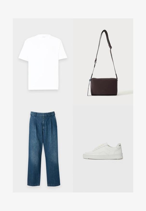 T-shirt en coton blanc avec un col rond, des manches courtes et une coupe décontractée. Texture lisse, détails minimaux, sans motifs ni graphiques.; Pantalons en denim bleu avec un design à jambes droites, dotés d'une taille haute, de plis à l'avant et d'une fermeture à bouton classique. Texture lisse.; Baskets en cuir blanc avec une finition lisse, bout arrondi, lacets plats et semelle texturée. Présente un logo discret sur le talon.; Sac bandoulière en cuir marron foncé texturé avec une sangle réglable et un petit accent décoratif bleu sur le côté.