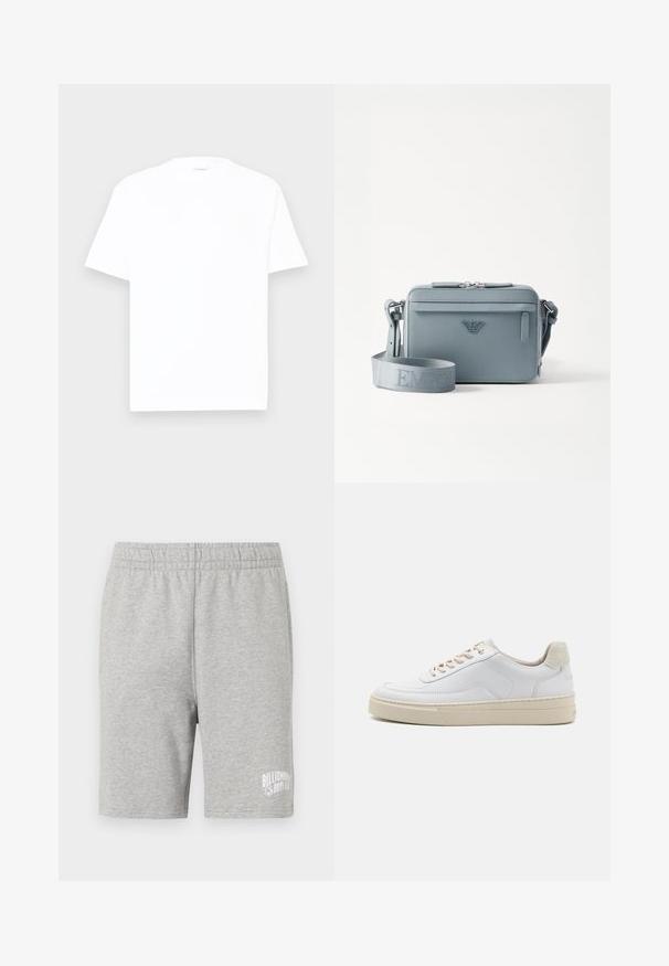 Weißes Baumwoll-T-Shirt mit Rundhalsausschnitt, kurzen Ärmeln und lässiger Passform. Glatte Textur, minimale Details und ohne Muster oder Grafiken.; Graue Baumwollshorts mit einem elastischen Bund und einem weißen Logo auf der unteren rechten Seite. Weicher Stoff, knielanger Schnitt.; Weiße Sneaker mit einem glatten Lederobermaterial, beigen Schnürsenkeln und einer strukturierten, beigen Wildleder-Fersenschlaufe. Erhöhte Sohle für zusätzlichen Komfort.; Blau strukturierte Umhängetasche aus strukturiertem Material, mit Reißverschluss, Fronttasche und verstellbarem Schulterriemen mit "EMPOR"-Markierung.