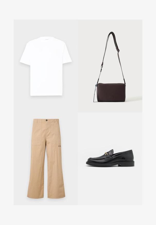 T-shirt en coton blanc avec un col rond, des manches courtes et une coupe décontractée. Texture lisse, détails minimaux, sans motifs ni graphiques.; Pantalons cargo larges en coton beige avec des poches avant et un logo sur la poche arrière. Tissu léger avec une texture douce.; Mocassins en cuir noir avec un embout rond, présentant des accents en métal doré et des détails de couture, montés sur une semelle en caoutchouc texturé et basse.; Sac bandoulière en cuir marron foncé texturé avec une sangle réglable et un petit accent décoratif bleu sur le côté.