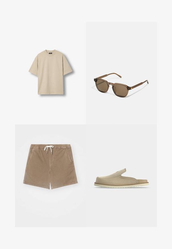 T-shirt beige à manches courtes avec col rond et coupe décontractée, présenté sur fond blanc.; Shorts en coton marron avec une taille élastique et un cordon de serrage blanc, dotés de deux poches latérales et d'une coupe droite.; Sandale beige à enfiler avec bout fermé, talon ouvert, dessus en suédine souple et semelle en caoutchouc blanche texturée, montrée de profil sur fond blanc.; Lunettes de soleil teintées marron avec une monture carrée, en matériau plastique transparent brun, et des accents décoratifs jaunes sur les branches.