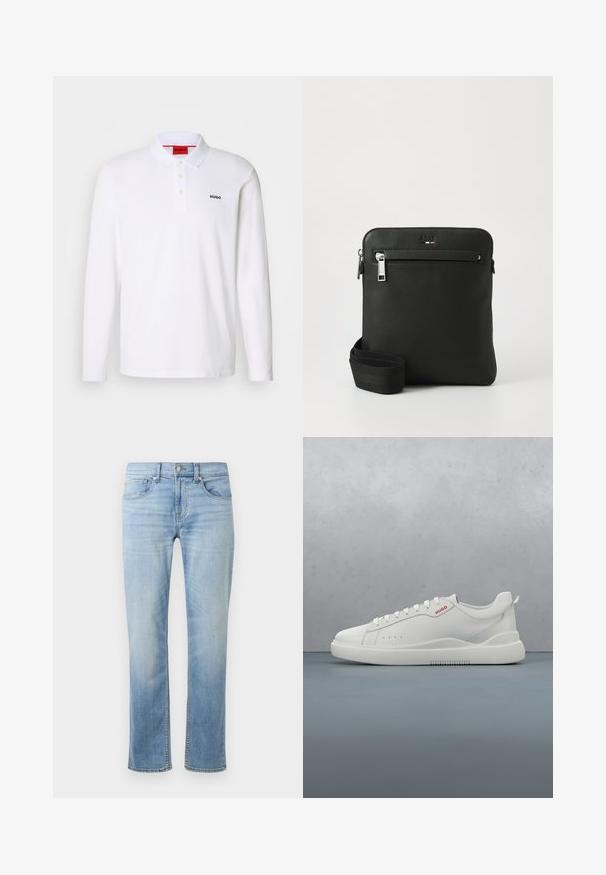 Witte lange mouwen polo-shirt gemaakt van katoen, met een kraag, een drie-knops sluiting en een zwart "HUGO" logo op de linkerborst.; Lichtblauwe denim jeans met een rechte pasvorm, vijf zakken, zichtbare stiksels en een vervaagde afwerking nabij de dijen en knieën.; Witte sneaker met een gladde leren afwerking, ronde neus, vier veterogen, subtiele perforaties en een rood logo detail aan de zijkant.; Zwarte leren crossbodytas met een plat ontwerp, een gestructureerd oppervlak, ritssluiting, voorvak en een verstelbare stoffen riem.