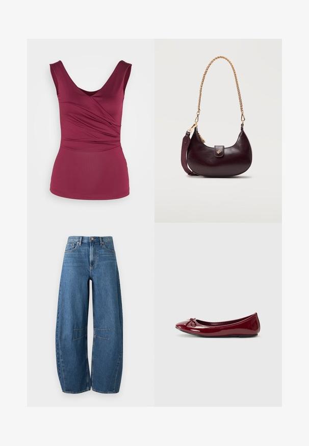 Anna Field Top - dark red; Blauwe jeans met wijde pijpen, hoge taille, voorzakken, knoopsluiting en kniezemel details op een lichte achtergrond.; Balletflats in glanzend bordeaux patentleer, met een afgeronde neus en een klein strikje aan de voorkant. Gladde textuur, lage hak.; Donkerpaars, halve maanvormige leren handtas met gouden kettingriem en stoffen zijriem, voorzien van een kleine gouden sluiting op de voorflap.