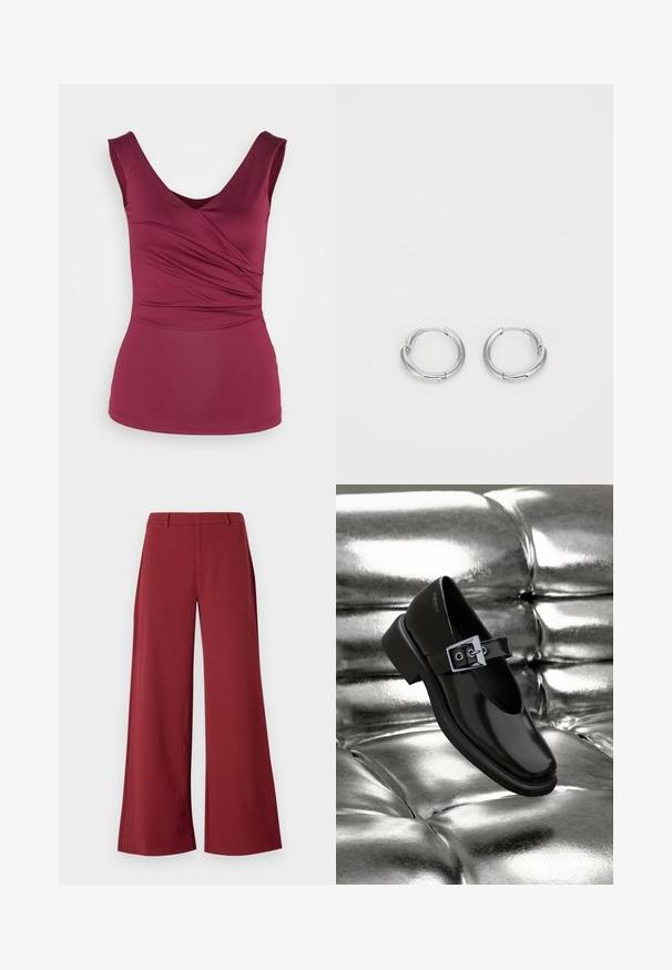 Anna Field by Zalando Μπλούζα - dark red; Πλατιά παντελόνια σε σκούρο μπορντό χρώμα. Φτιαγμένα από έναν λείο, ελαστικό ύφασμα με ραφές κατά παραγγελία και κλείσιμο με φερμουάρ μπροστά.; Μαύρη δερμάτινη παπούτσα Mary Jane με τετράγωνη μύτη, ασημένια αγκράφα και χοντρό χαμηλό τακούνι, σε γυαλιστερό ασημένιο φόντο.; Ασημένιες κρίκοι σκουλαρίκια με απαλή, γυαλιστερή επιφάνεια. Κυκλικού σχήματος με μια μικρή λεπτομέρεια κλεισίματος. Μινιμαλιστικός σχεδιασμός, ελαφριά.