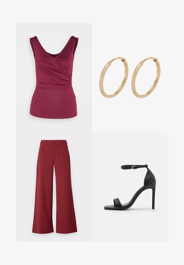 Anna Field Top - dark red; Weite Hosen in einem tiefen Burgunderfarbton. Hergestellt aus einem glatten, dehnbaren Stoff mit taillierten Nähten und einem Reißverschluss auf der Vorderseite.; Schwarze hochhackige Sandale mit elegantem Design, featuring einem Knöchelriemen, offener Zehenpartie und glattem Lederfinish.; Goldene Creolen mit einer glatten, polierten Oberfläche. Abgerundete Form, mittlere Größe, ausgestattet mit einem sicheren Verschlussmechanismus.