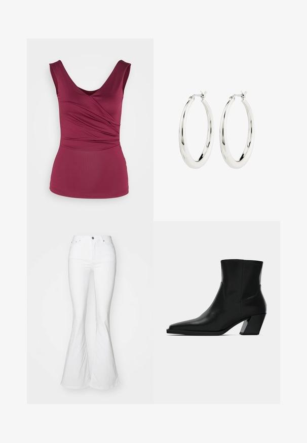 Anna Field Top - dark red; Biele zvonové džínsy s vysokým pásom, vyrobené z denimu. Vybavené predným zapínaním na gombík a piatimi vreckami. Hladká, textúrovaná tkanina.; Čierna kožená členková topánka s špicatou špičkou, elegantným siluetou a masívnym štvorecovým podpätkom. Hladký povrch s minimálnymi švovými detailmi.; Strieborné kruhové náušnice s hladkým, lesklým povrchom. Obľúbený tvar, vybavené bezpečným zapínaním. Jednoduchý a elegantný dizajn.