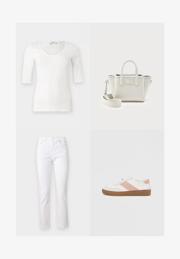 Hvid dameskjorte med tætsiddende pasform, trekvartærmer og rund halsudskæring, vist mod en ensfarvet baggrund.; Hvide denimjeans med lige ben, fem-lomme design og metalknaplukning, der har en glat tekstur og minimal syning.; Hvid sneaker med lyserøde MK-logoaccenter, tekstureret hvidt stof og glat læder. Har en gummisål med tan-finish og snørelukning foran.; Hvid lædertaske med to håndtag, en aftagelig skulderrem og en lille guldfarvet logoplade på forsiden.