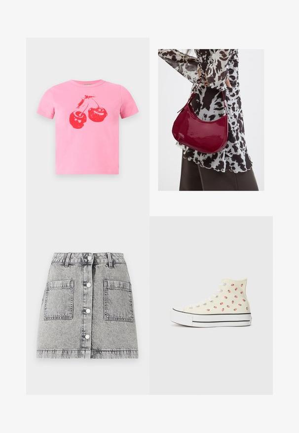 T-shirt court en coton rose avec un motif graphique audacieux de cerise rouge et tiges vertes. Col rond classique et manches courtes.; Jupe en denim gris clair avec une texture délavée, dotée d'une fermeture à boutons, de deux grandes poches avant et d'une coupe droite.; Des baskets montantes en toile jaune, ornées d'un motif de petites fraises rouges, avec des lacets blancs et une semelle blanche rayée de noir.; Femme portant un chemisier à motif noir et blanc tenant un sac à main rouge brillant sur un fond uni.