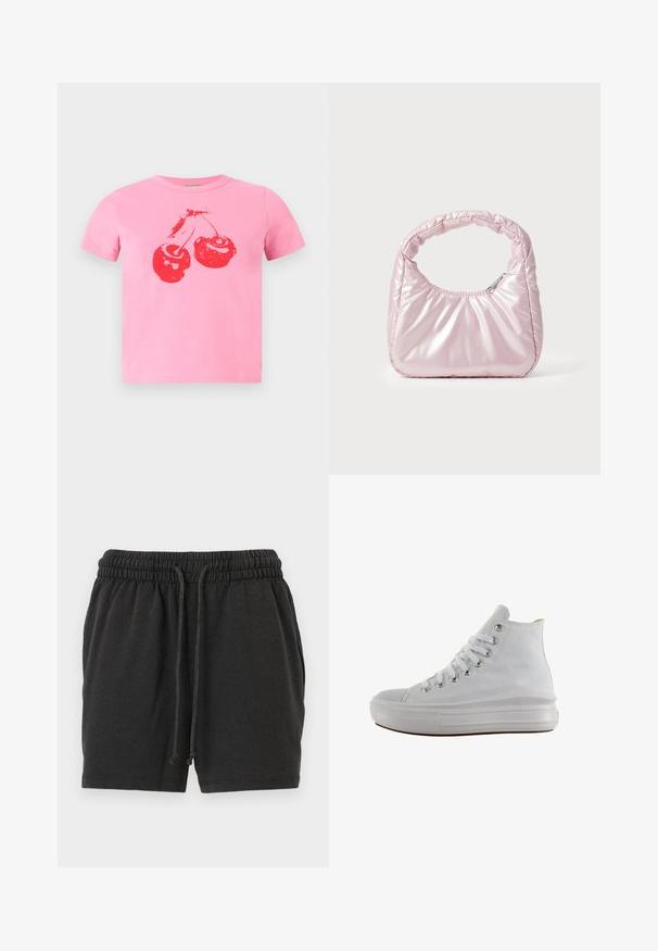 T-shirt court en coton rose avec un motif graphique audacieux de cerise rouge et tiges vertes. Col rond classique et manches courtes.; Shorts à taille élastique noire avec cordon de serrage et poches latérales, fabriqués dans un tissu doux et confortable.; Baskets montantes en toile blanche avec lacets blancs, œillets métalliques, semelle épaisse en caoutchouc et bout texturé, orientées vers la gauche sur fond blanc.; Sac à main rose rembourré avec un design arrondi, fabriqué à partir d'un matériau brillant. Dispose d'une poignée froncée et d'une fermeture éclair pour un accès sécurisé.