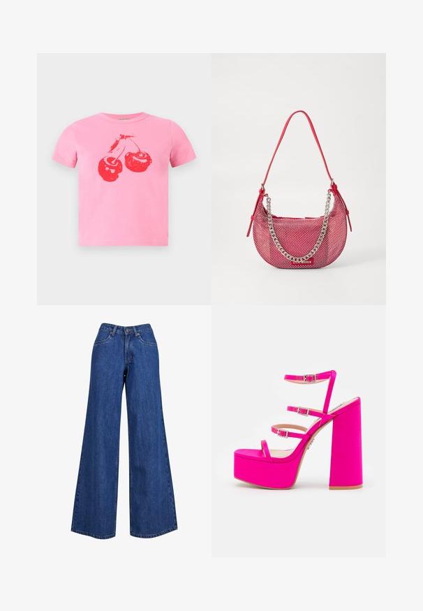 Korte roze katoenen T-shirt met een opvallend rood kersenontwerp met groene steeltjes. Klassieke ronde hals en korte mouwen.; Brede denim jeans in medium blue, met een hoge taille, contrasterende stiksels en een klassiek vijf-pocket ontwerp.; Steve Madden ELAVATOR - Sandalen met hoge hak - fuchsia; Rode geperforeerde handtas met een gebogen vorm, voorzien van een zilveren kettingaccent en een bijpassende schouderriem. Logo weergegeven aan de voorkant.