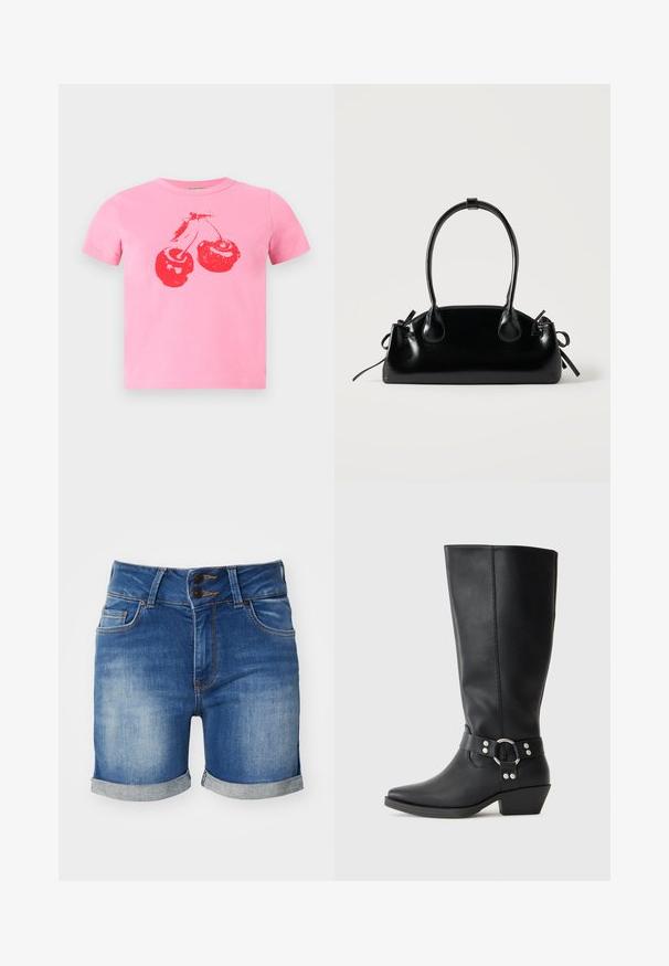 Korte roze katoenen T-shirt met een opvallend rood kersenontwerp met groene steeltjes. Klassieke ronde hals en korte mouwen.; Denim shorts in een licht naar donkerblauwe gradient, met een dubbele knoopsluiting, opgerolde zomen en voorzakken met contrasterende stiksels.; Zwarte leren kniehoge laarzen met een spitse neus, voorzien van een decoratieve enkelband en zilveren hardwareaccenten. Lage, gestapelde hak.; Kleine zwarte glanzende handtas met twee lange hengsels en zijkant trekkoord details op een effen lichte achtergrond.