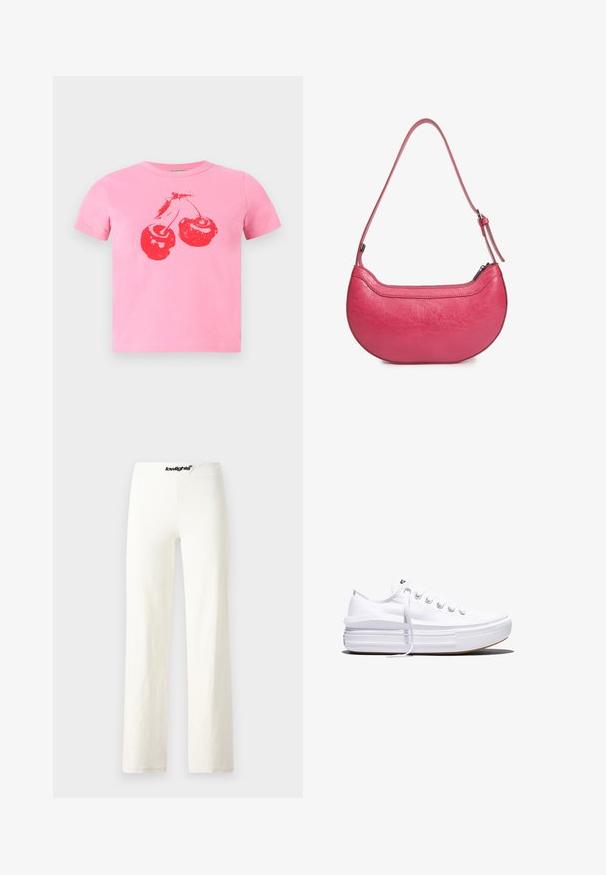 T-shirt court en coton rose avec un motif graphique audacieux de cerise rouge et tiges vertes. Col rond classique et manches courtes.; Pantalons larges en coton blanc avec une texture lisse, présentant une taille avec un logo noir et un design simple et minimaliste.; Baskets basses blanches en toile avec semelle plateforme épaisse, lacets sur le devant et embout en caoutchouc texturé, vues de profil.; Sac à main en cuir rose avec une forme incurvée, une seule bandoulière réglable et une fermeture éclair sur le dessus. Fini texturé avec des plis visibles.