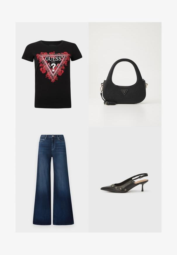 Camiseta de algodón negra con un gráfico triangular floral en rojo con el texto "GUESS U.S.A." y un signo de interrogación, mangas cortas y cuello redondo.; Vaqueros de pierna ancha azul oscuro con una cintura alta, hechos de denim, con un ligero desgaste, bolsillos delanteros y un cierre de botón clásico.; Zapato de tacón con talón descubierto en piel negra, punta puntiaguda, tacón pequeño y detalles metálicos decorativos a lo largo de la abertura frontal. Textura lisa.; Bolso de tela negro con un asa curvada, que presenta un logotipo triangular y una correa desmontable. Superficie texturizada y diseño minimalista.