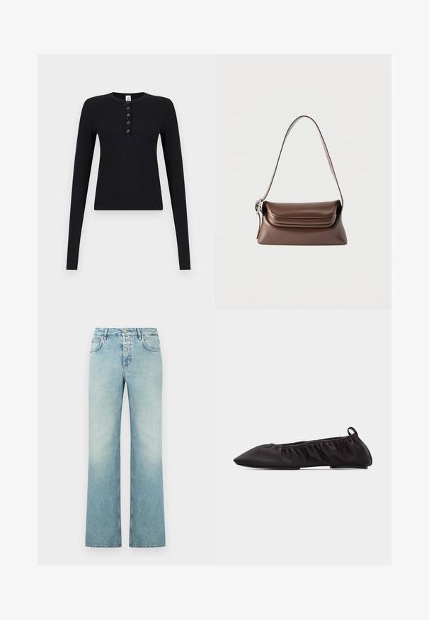 Haut henley noir à manches longues en tissu côtelé avec cinq boutons-pression argentés le long de la patte de boutonnage avant et un col rond.; Jean large en denim bleu clair avec une finition délavée, doté d'une fermeture à boutons, de cinq poches et d'une coupe droite.; Ballerine plate en cuir noir souple avec bout pointu, côtés élastiqués froncés et languette de tirage au talon sur fond blanc.; Sac à bandoulière en cuir marron avec une boucle argentée sur la sangle et un rabat à rabat, présenté sur un fond blanc.