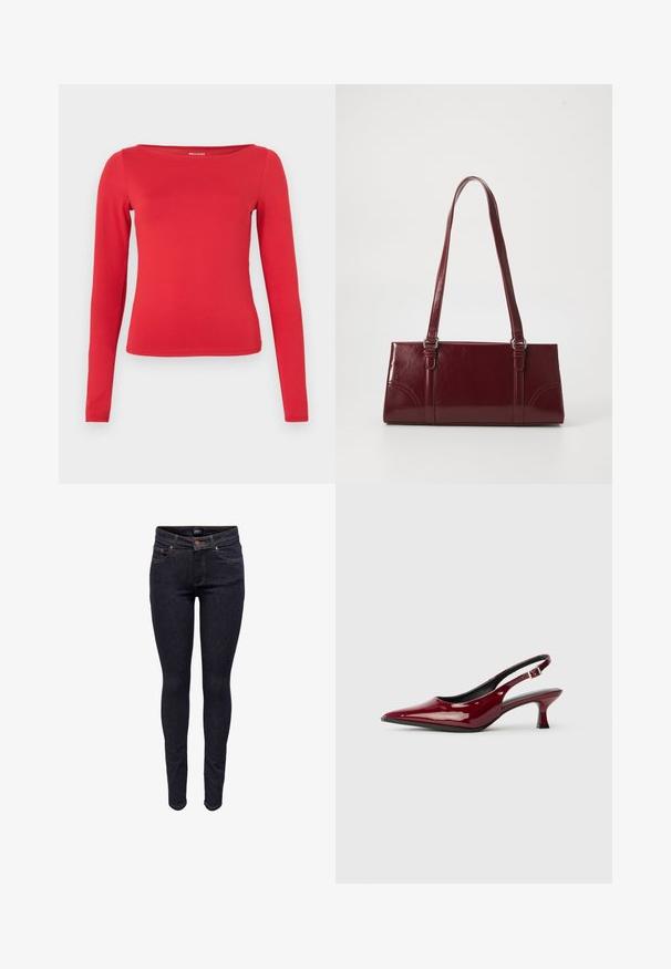 Top rojo de manga larga con escote barco, corte ajustado y textura suave. Fabricado con tela elástica para mayor comodidad y libertad de movimiento.; Vaqueros ajustados de mezclilla azul oscuro con botones frontales y bolsillos, costuras visibles y etiqueta de marca en la pretina.; Zapatos de tacón slingback de charol burdeos con puntera afilada y elegante tacón de aguja. Diseño de espalda abierta con detalle de tira ajustable en el tobillo.; Bolso burdeos hecho de material brillante, de forma rectangular, con dos asas para el hombro y sutiles acentos curvados en la parte frontal.