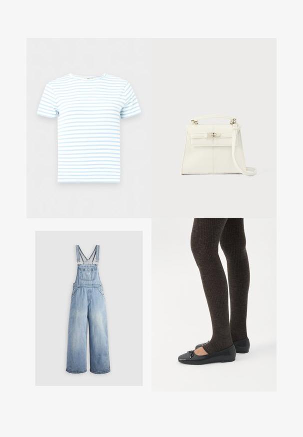 Krátky rukáv, rebrovaný crop top s ľahko modrými a bielymi horizontálnymi pruhmi, okrúhly výstrih, zobrazený na jednoduchom pozadí.; Svetlo modré denné overaly so širokými nohavicami, nastaviteľnými ramennými popruhmi, prednou vreckom a kovovými gombíkmi na stranách. Klasický štýl s voľným strihom.; Nohy v tmavých pásikavých legínach v kombinácii s čiernymi balerínkami s malými mašličkami na bielom pozadí.; Biela kožená kabelka so štruktúrovaným tvarom, horným uchom, odnímateľným ramenným popruhom a strieborným zapínaním. Hladká textúra, minimalistický dizajn.