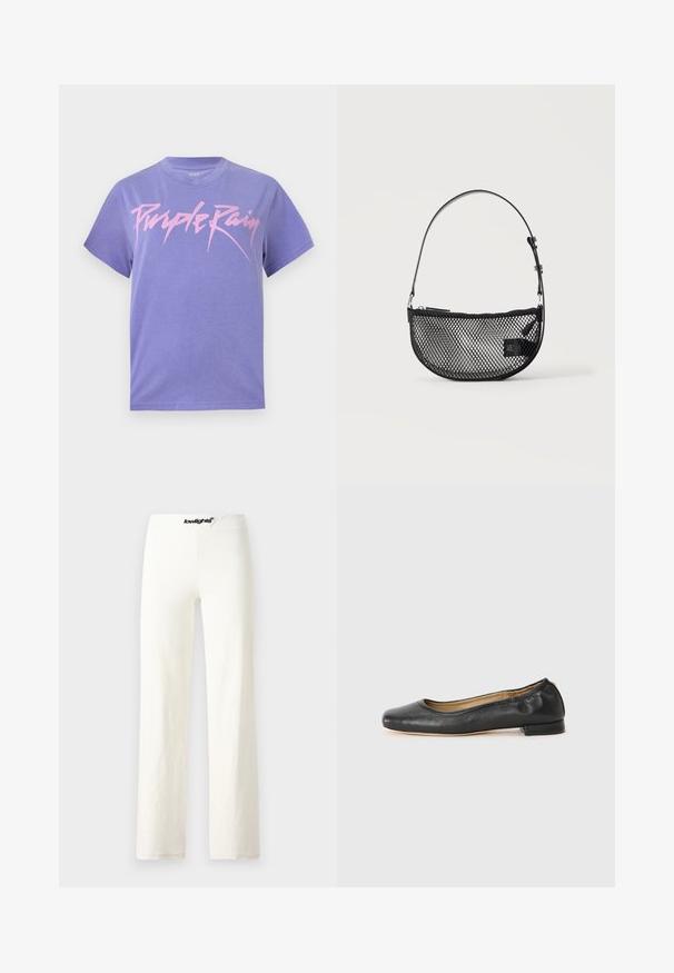 T-shirt en coton violet à manches courtes, avec un graphique rose "Purple Rain" dans une police audacieuse et stylisée sur le devant.; Pantalons larges en coton blanc avec une texture lisse, présentant une taille avec un logo noir et un design simple et minimaliste.; Ballerines en cuir noir avec un bout arrondi et des coutures minimales. Talon bas et rectangulaire avec une texture lisse. Détails subtils de doublure intérieure.; Sac à main en maille noire forme demi-lune avec une courte bandoulière en cuir réglable et une fermeture éclair sur un fond clair uni.