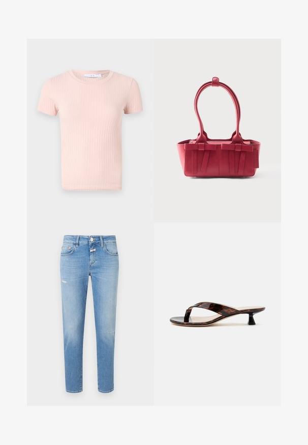 Lyserød ribbet t-shirt med korte ærmer og rund halsudskæring, der har en blød tekstur og en tætsiddende pasform.; Lys blå denim jeans med slim fit, der har en knaplukning, let slid, og traditionelt fem-lomme design.; Brun skildpaddeskal kitten heel sandal med snorrestram og firkantet tå på en ensfarvet lys baggrund.; Rød læderhåndtaske med to top-håndtag, dekorative sløjfer foran og en tag på siden mod en hvid baggrund.