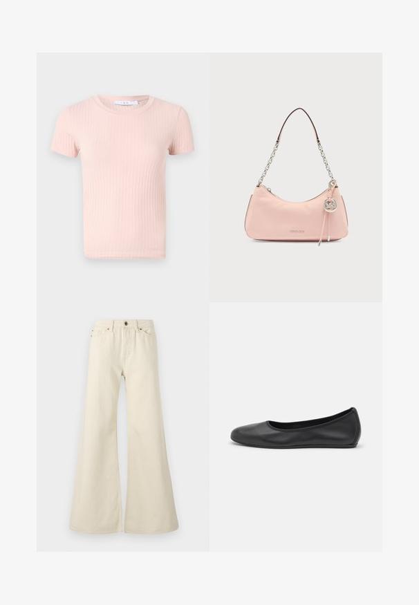 Lichtroze geribde t-shirt met korte mouwen en een ronde halslijn, met een zachte textuur en een aansluitende pasvorm.; Lichtbeige flared jeans van katoen. Heeft een hoge taille, vijf zakken en een knoopsluiting met contrasterende stikdetails.; Zwarte leren ballerina met een ronde neus, gladde textuur, minimale stikdetails en een flexibele zoolontwerp.; Lichtroze leren schoudertas met zilveren kettingriem en Michael Kors logohanger aan de rits aan de voorkant.