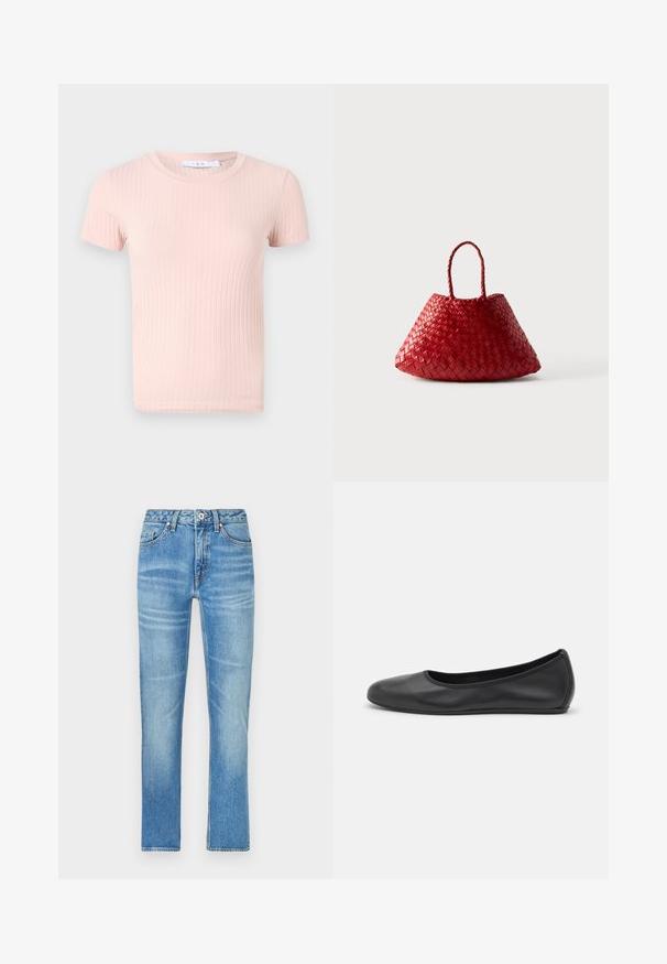 Camiseta de manga corta de rayas en rosa claro con cuello redondo, que presenta una textura suave y una forma ajustada.; Jeans de denim azul claro con corte recto, que cuentan con bolsillos frontales, cierre de botón y un ligero desgaste en la tela.; Bailarina de piel negra con punta redondeada, textura suave, detalle de costura minimalista y diseño de suela flexible.; Bolso de mano de cuero tejido en rojo con forma triangular redondeada y dos asas trenzadas sobre fondo blanco.