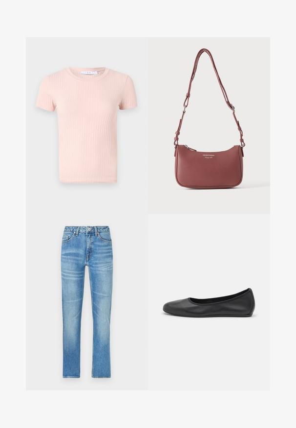 Camiseta de manga corta de rayas en rosa claro con cuello redondo, que presenta una textura suave y una forma ajustada.; Jeans de denim azul claro con corte recto, que cuentan con bolsillos frontales, cierre de botón y un ligero desgaste en la tela.; Bailarina de piel negra con punta redondeada, textura suave, detalle de costura minimalista y diseño de suela flexible.; Bolso pequeño de cuero violeta texturizado para hombro con correa ajustable y cremallera plateada, con el logo Emporio Armani Milano 1981 en el frente.