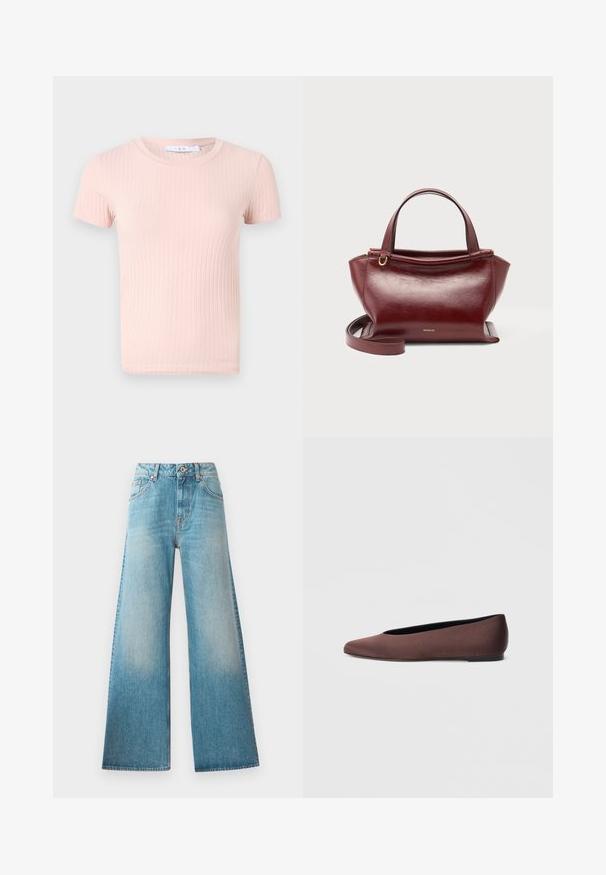 Camiseta de manga corta de rayas en rosa claro con cuello redondo, que presenta una textura suave y una forma ajustada.; Jeans de mezclilla de tiro alto en denim azul claro, con piernas anchas, diseño de cinco bolsillos y un ligero desvanecimiento a lo largo de los muslos. Detalles de herrajes en color cobre.; Zapatillas de ballet de tela marrón con punta puntiaguda y textura suave, con parte trasera baja y suela negra fina. Sin patrones visibles ni elementos metálicos.; Bolso de cuero rojo oscuro con dos asas superiores, correa de hombro desmontable, herrajes dorados y el nombre de la marca Wandler en el centro delantero.