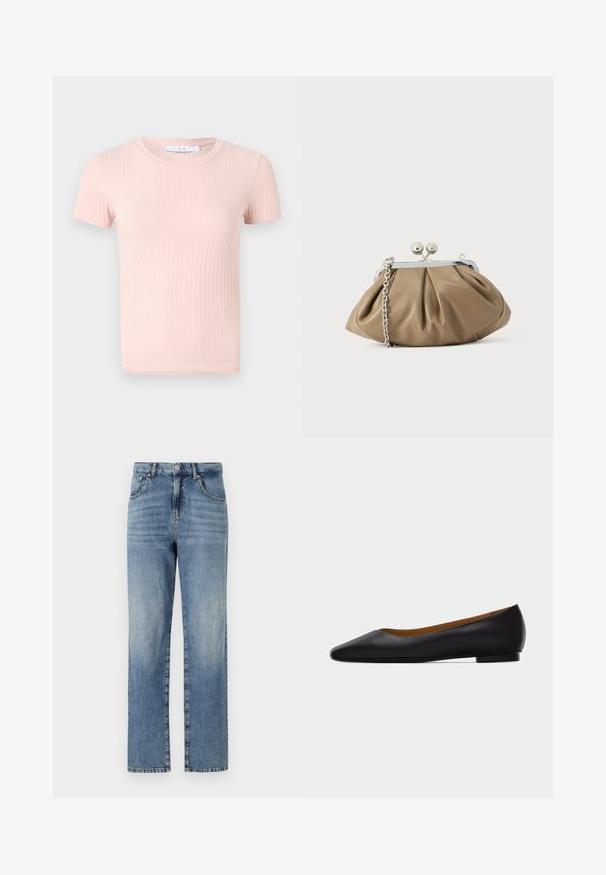 Hellrosa, geripptes T-Shirt mit kurzen Ärmeln und rundem Halsausschnitt, das eine weiche Textur und eine figurbetonte Passform aufweist.; Hellblaue Jeans aus Denim mit geradem Bein, fünf Taschen, Knopf- und Reißverschluss und minimaler Ausbleichung des Stoffes.; Schwarzer flacher Schuh aus Leder mit spitz zulaufender Vorderkappe, niedrigem Absatz und glatter Oberfläche, von der Seite vor einem hellgrauen Hintergrund dargestellt.; Lederclutch in sanftem Beige mit abgerundeter Form, plissierter Textur, silbernem Kissenschloss und abnehmbarem Kettenriemen.